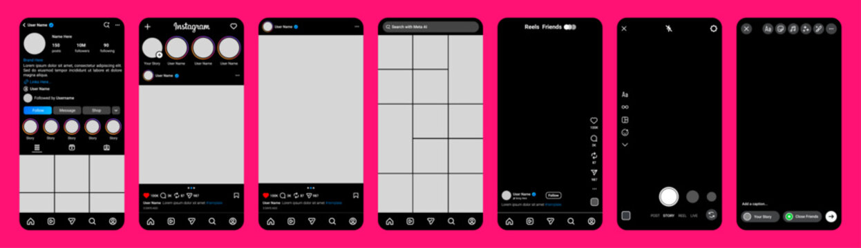 Instagram interface mockup template, smartphone social media template, latest update post feed, reels, story, camera, dark mode UI kit vector design