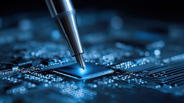 Precision probe examines glowing central processing unit on a digital circuit board. - Powered by Adobe