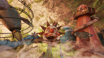 大きなピエロのオブジェがある遊園地　