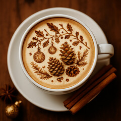 Cozy Winter Coffee Mug with Christmas Tree Latte Art and Pine Cones