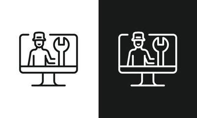 Fototapeta premium Online Tech Support Icon, Computer Repair Service Line Art, Minimalist Vector Graphic with Technician and Wrench on Monitor Screen, Symbol for IT Assistance, Troubleshooting, and Maintenance.