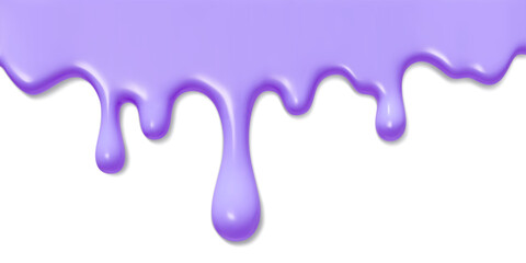 Purple ice cream melt with drip liquid flowing on transparent background for dessert or sweet design. Glossy viscous drops and streams. Decorative candy coating border element for packaging.