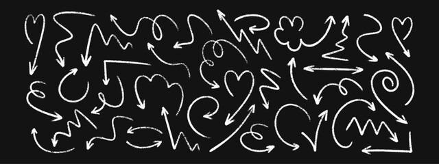 White arrow crayon brush marks with hand drawn chalk textures for navigation and directional designs. Curved, zigzag and spiral pointers sketched on black background. Rough doodle elements.