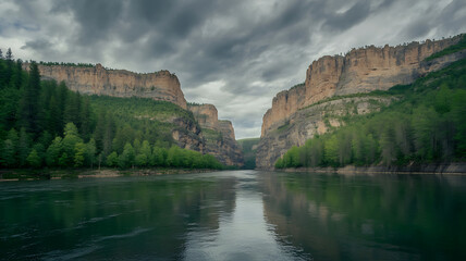 Fototapeta premium Majestic Panoramic River Canyon with Towering Cliffs and Lush Green Forests under a Dramatic Overcast Sky