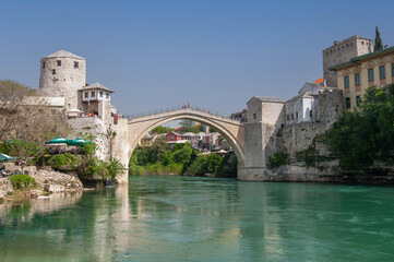 Historical Mostar Bridge known also as Stari Most or Old Bridge in Mostar, Bosnia and Herzegovina. © GISTEL