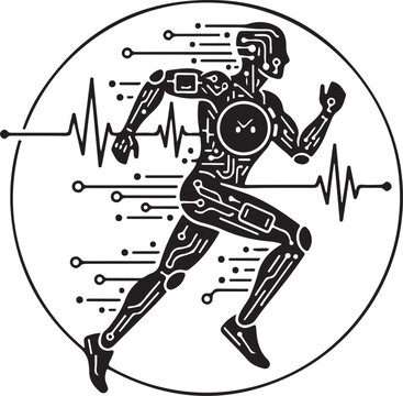 running cyborg black and white circuit design clip art preview