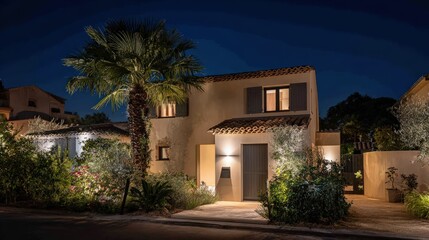 Fototapeta premium Illuminated Mediterranean villa with palm tree at night.