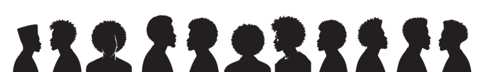 Silhouette of black guys with Afro hair, minimalist drawing, vector set of men on a transparent background for stencil.