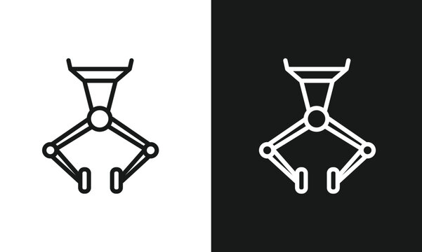 Minimalist Robotic Claw Line Art Icon, Simple Industrial Gripper Symbol, Automated Manipulator for Manufacturing, Modern Vector Graphic for Robotics and Technology, Black and White Versions.