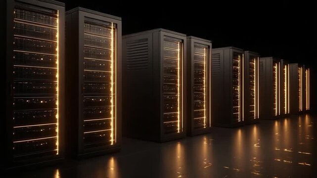 Row of glowing server racks in a data center, with warm orange lights reflecting on the floor.