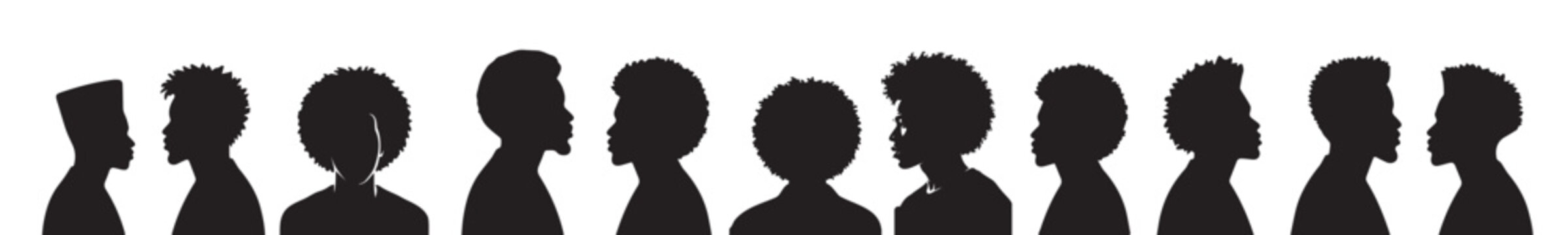Silhouette of black guys with Afro hair, minimalist drawing, vector set of men on a transparent background for stencil.