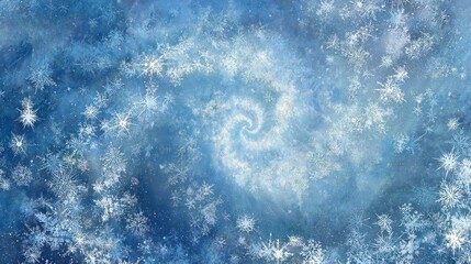 Abstract winter scene with snowflakes swirling into a spiral against a blue backdrop