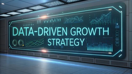 Futuristic holographic analytics board displaying data driven growth strategy with glowing charts and graphs