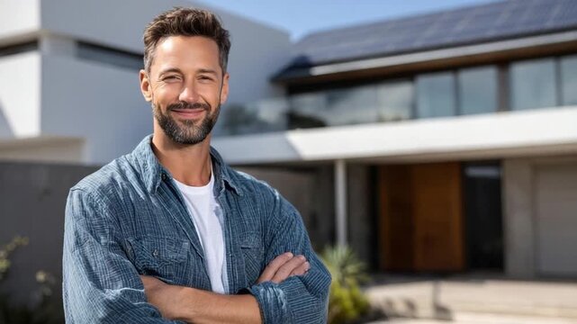 A man in a denim shirt and white tee stands with arms crossed in front of a modern house.