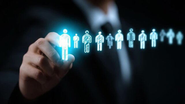 A hand selects a digital figure from a lineup of people, symbolizing recruitment and hiring.