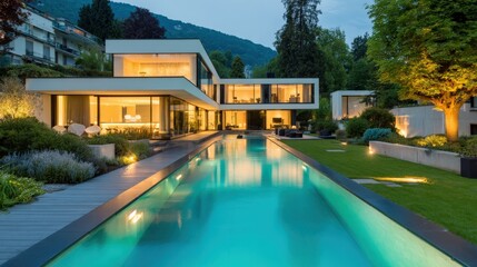 Fototapeta premium Modern luxury villa with infinity pool and illuminated garden.