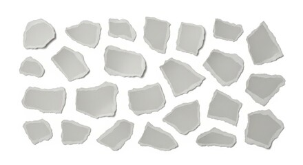 Scattered torn paper pieces isolated on transparent background