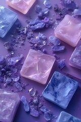 Square artisan soaps with amethyst crystals in lavender and pink representing luxury self-care