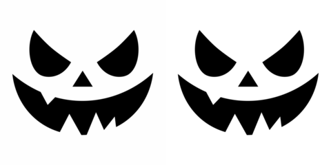 Face design for festive pumpkins. Ilustración vectorial. Conjunto de caras calabazas sobre fondo blanco - Símbolo principal de Halloween. Symbols of the holiday. Set of evil face, pumpkin face, ghost.