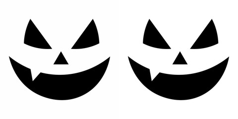 Set of evil face, pumpkin face, ghost. Black silhouette signs set. Icons of frightening facial...