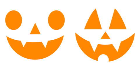 Evil faces Halloween png set. Vector set of scary pumpkin faces. Spooky creepy pumpkins cut. Cutting stencils and templates for Halloween, stickers, printing and digital design. Spooky faces icons.