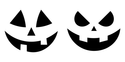 Creepy evil ghost heads with angry eyes and spooky mouth. Halloween scary emotion for carving on pumpkins. Black silhouette signs set. Set of evil face, pumpkin face, ghost. Symbols of the holiday.