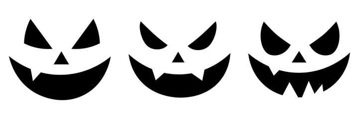 Fototapeta premium Conjunto de caras calabazas sobre fondo blanco - Símbolo principal de Halloween. Creepy evil ghost heads with angry eyes and spooky mouth. Symbols of the holiday. An evil smile. Ilustración vectorial.