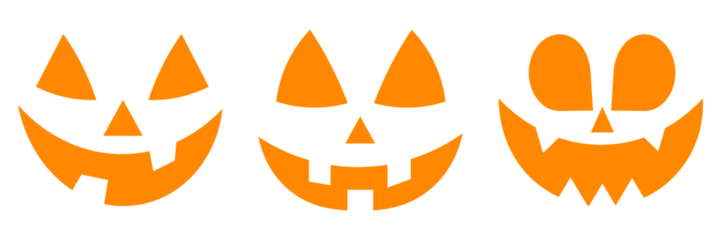 Spooky creepy pumpkins cut. Cutting stencils and templates for Halloween, stickers, printing and digital design. Set of Halloween scary pumpkins cut. Spooky faces icons. Evil faces Halloween png set.