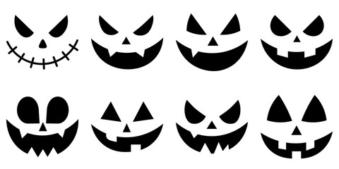 Vector illustration
Set of creepy, scary emotions, emojis for Halloween. Face design for festive pumpkins. Icons of frightening facial expressions. Ilustración vectorial. Jack face. An evil smile.