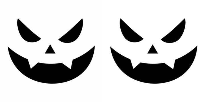 Face design for festive pumpkins. Icons of frightening facial expressions. An evil smile. Jack face. Calabaza naranja con sonrisa para su diseño para la fiesta de Halloween. Symbols of the holiday.