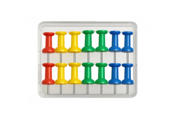 Colorful pushpins thumbtacks in clear box stationery
