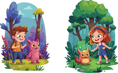 children, fantasy, creatures, forest, adventure, imagination, magic, friendship, cartoon, illustration
