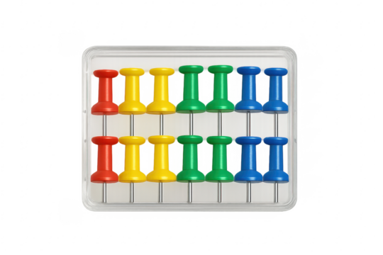 Colorful pushpins thumbtacks in clear box stationery