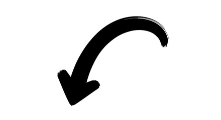 Hand drawn black downward curved arrow isolated on transparent background