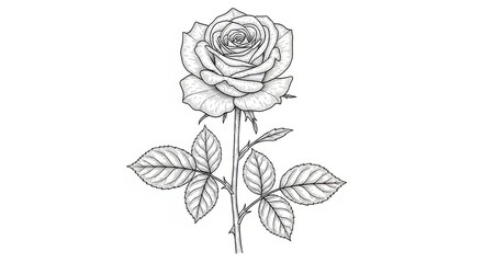 Detailed black and white rose drawing isolated on transparent background
