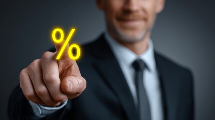 Man in a suit is pointing to a yellow percent sign. Concept of importance and emphasis on the value of the percentage
