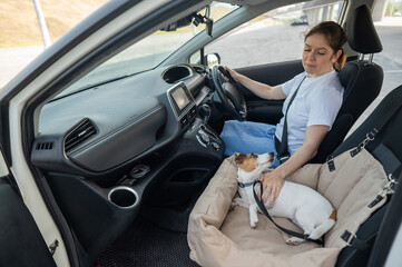 Caucasian woman travels by car with her dog. Jack Russell Terrier in a special car seat. 