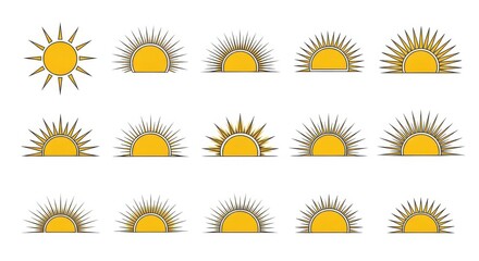 Collection of stylized sun icons isolated on transparent background