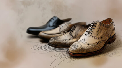 Faceless hand-drawn sketch set of men&rsquo;s classic shoes &mdash; brogues, oxfords, and loafers &mdash; rendered with fine ink lines and soft defocused background texture, with copy space