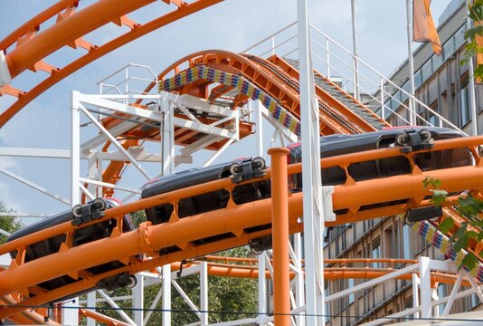 colorful roller coasters at an amusement park
