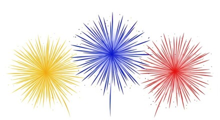 Three colorful fireworks bursts isolated on transparent background