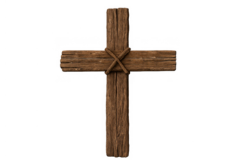 Rustic wooden cross representing christianity and religious devotion, constructed from aged timber planks with rope binding. Transparent background is provided