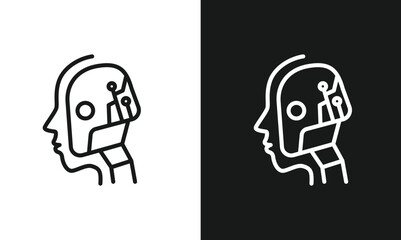 Minimalist Robot Head Line Art Icon, Humanoid AI Symbol in Profile, Modern Vector Graphic for Artificial Intelligence, Technology, and Future Concepts, Black and White Versions.