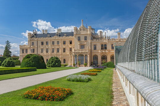 View of Lednice castle with monumental park in South Moravia, Czech Republic.