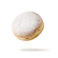 Single fresh baked donut sprinkled with sugar powder flying isolated on white background.