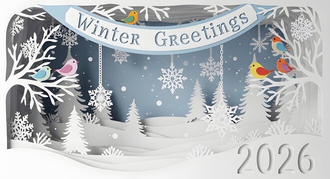 Paper card with forest and snowflakes. Congratulations.