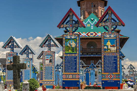 Merry Cemetery in Sapanta village, famous for its painted headstones, one of the major tourist attractions in Romania.