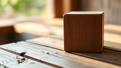 Wooden cube on rustic table with abstract pathway concept, bathed in warm natural light.