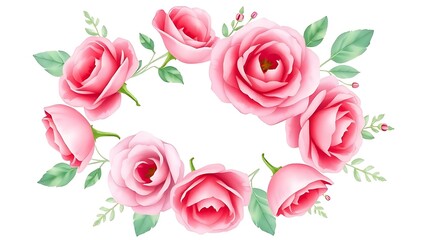 Delicate watercolor floral wreath featuring pink roses, painted with soft brush strokes on white.