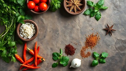 Asian ingredients arranged on a stone surface, showcasing fresh herbs and spices with vibrant colors.